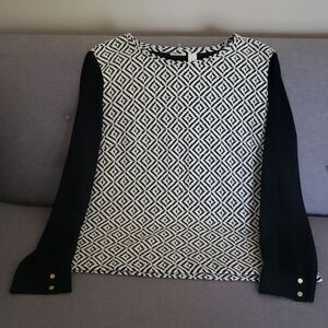 Chico's Sheer Sleeve women’s size large 12 white black textured Diamond Pattern